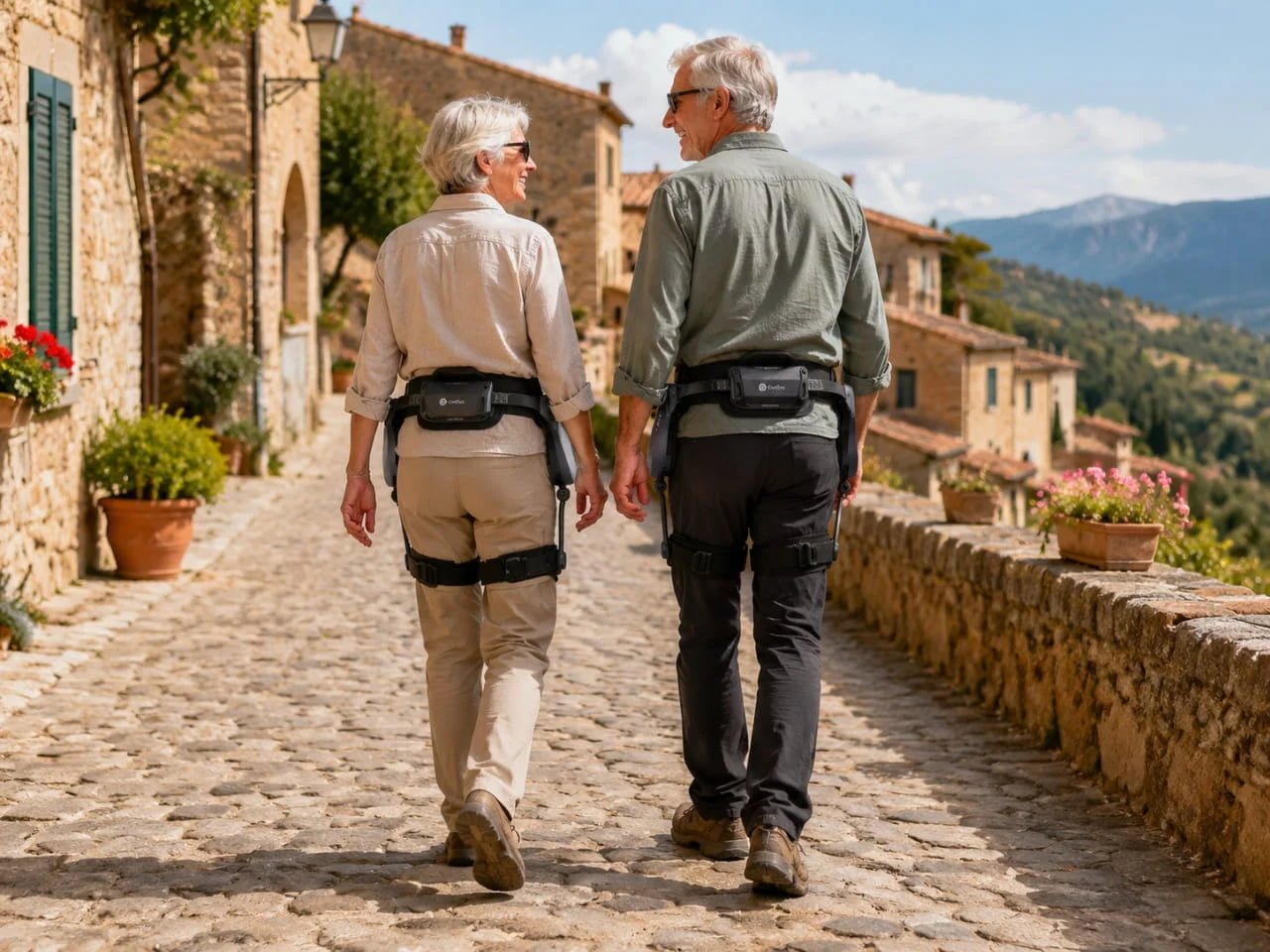active couple walking on cobbled Italian street during travel with hip assist device