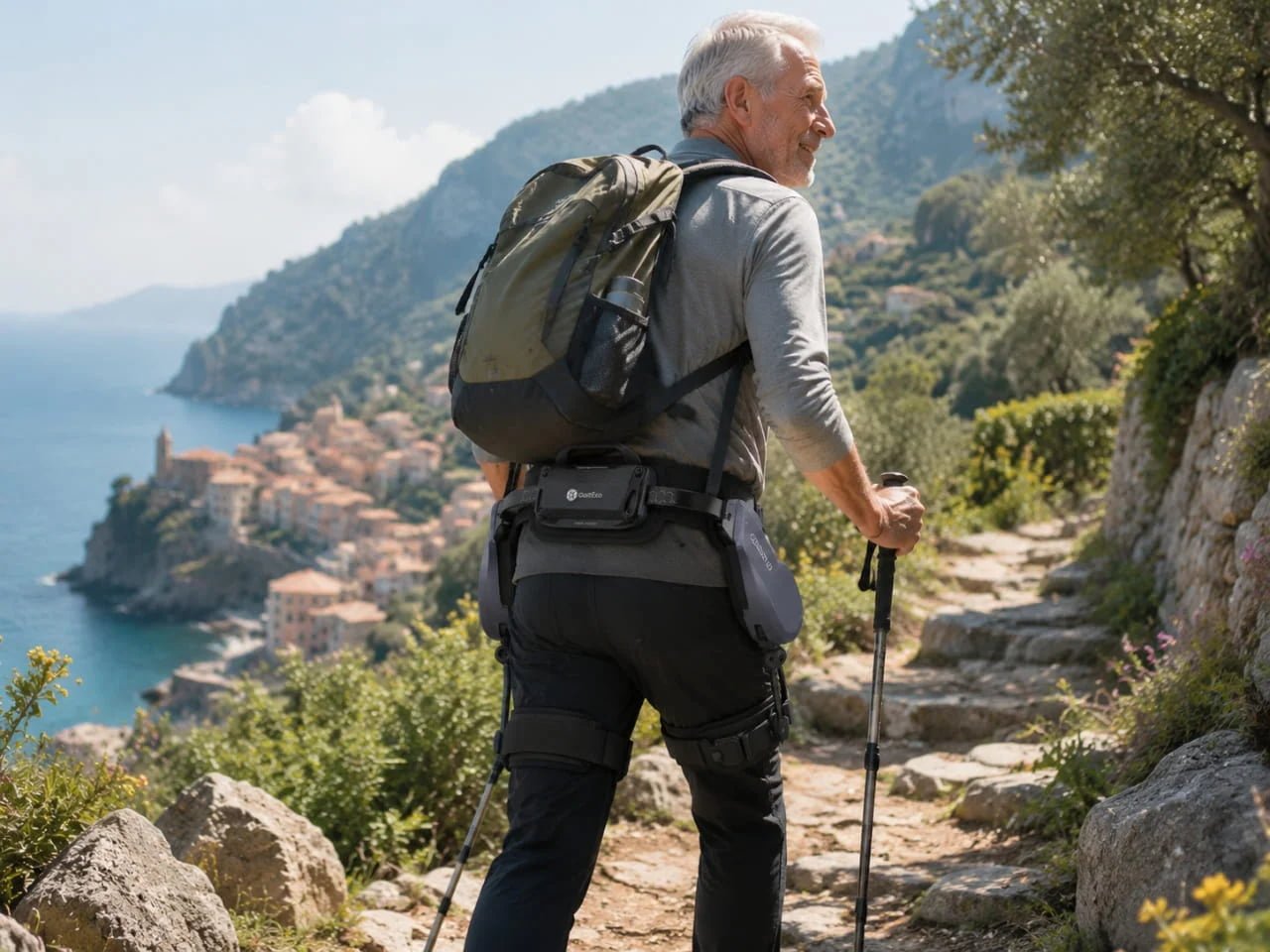 active senior hiker wearing GaitExo Pro V1 on Italian hillside trail