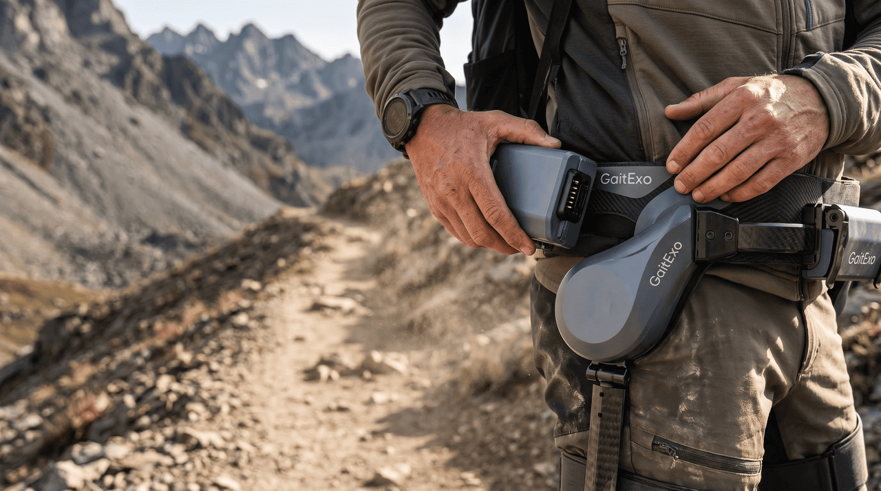 close-up of hot-swap battery being changed on mountain trail during hiking day