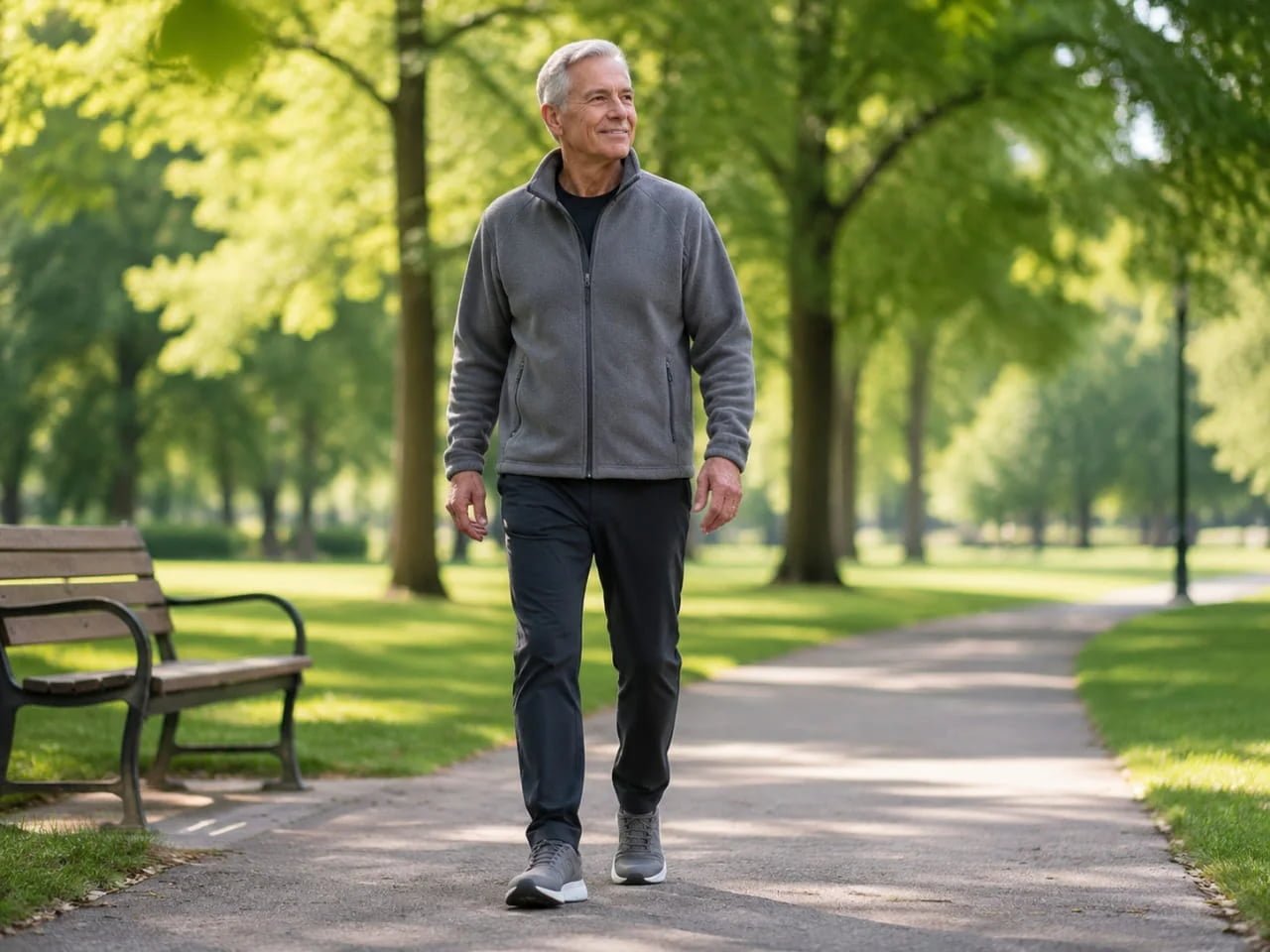 confident older walker on flat park path choosing simple unaided daily walk