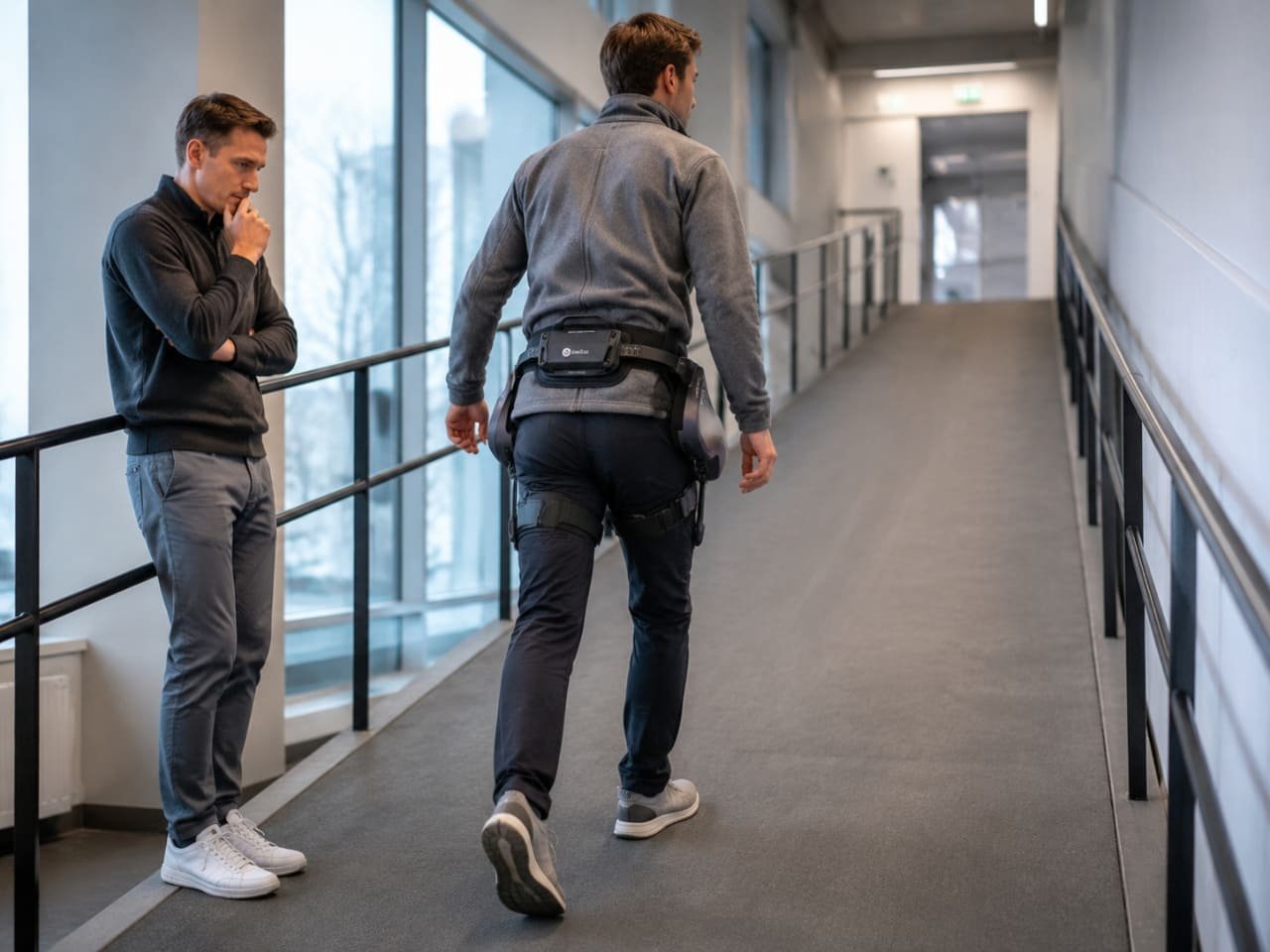 hesitant customer testing hip exoskeleton on indoor ramp instead of flat showroom floor
